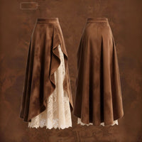 Womens Retro Western-Style Suede And Lace Patchwork Skirt