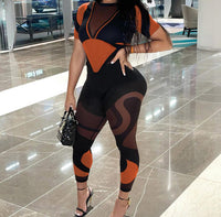 Round Neck Patchwork Print Skinny Fashion Long Casual Jumpsuit