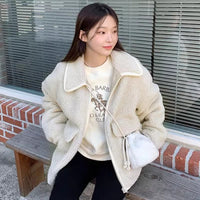 Lapel Zipper Double Pocket Loose Thick Cotton Coat Short Coat
