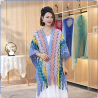 New Wave Pattern Geometric Long Beard Thickened Knitting Slit Travel Scenic Spot Warm Ethnic Style Shawl