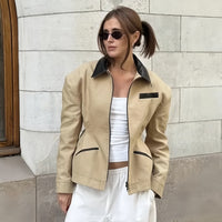 Retro Lapels Contrast Color Waist-tight Motorcycle Slim-fit Leather Coat Zipper Jacket