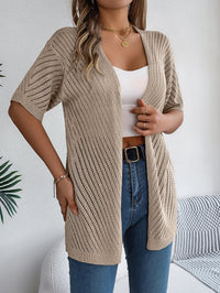Women S Vertical Stripe Hollow Out Short Sleeve Knit Cardigan Cover-Up