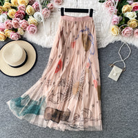 High-Waisted Slimming A-Line Maxi Skirt With Floral Print And Mesh Fabric