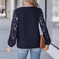New Womens V-Neck Wave-Pattern Floral Lace Long-Sleeve Shirt