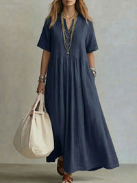 Casual Loose V-Neck Short-Sleeve Pleated Cotton-Linen Dress