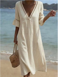 Loose-fitting Solid-color Cotton-Linen Lace V-neck Dress