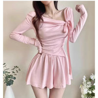 Fashionable Sexy Off-Shoulder Bow-Trimmed Asymmetrical Hem Long-Sleeve Top And Pants Set