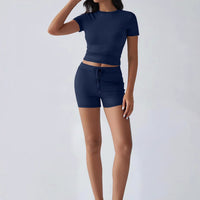 New Breathable Yoga Short-Sleeve Top And Shorts Drawstring Casual Sports Womens Set