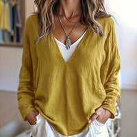 Elegant Gray V-Neck Linen Long-Sleeve Shirt