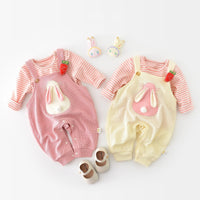 Infant Fashionable Cartoon Bunny Suspender Pants Baby Striped T-shirt Two-piece Set