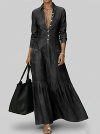 Street-style Vintage-collar Chic Denim High-end And Fashionable Fitted-waist Maxi Dress