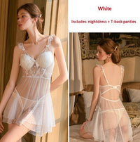 GuiRuo Lingerie Sweet Mesh Lace Polka-Dot Sheer Padded Sleep Dress Gown Womens Set