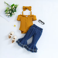 Summer Girls' Suit Ins Clothes For Babies Short Sleeve Strappy Romper Denim Bell-bottom Pants