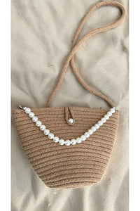 Women Dark Brown Pearl Design Classic Shoulder Bag Elegant Daily Handbag