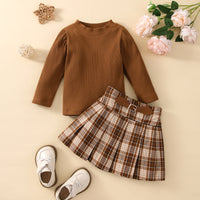 Girls' Cotton Sunken Stripe Micro Turtleneck Long Sleeve Pleated Skirt Suit
