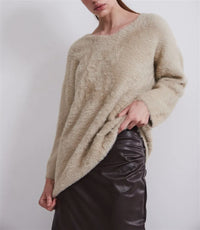 Womens Solid-Colored Long-Sleeve V-Neck Faux Mink Velvet Knit Sweater