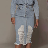 Mid-length Blue Denim Retro Urban Leisure One-Step Solid Skirt