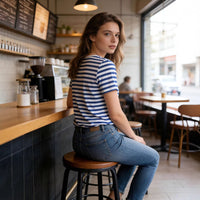 Women's Short-Sleeve Top With A Two-Tone Striped Shawl Collar