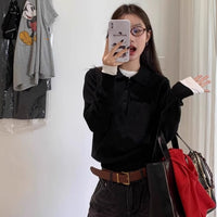 Korean-Style Youthful Embroidered Polo-Neck Knit Top