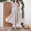 Elegant Printed V-Neck Long-Sleeve Womens Dress