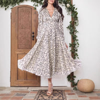 Elegant Printed V-Neck Long-Sleeve Womens Dress