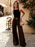 Chocolate Brown High-Waisted Wide-Leg Trousers With Belt