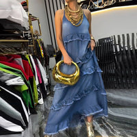 Solid-color V-neck Fashionable Raw-edge Patchwork Denim Dress