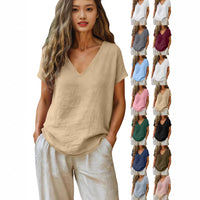 Women's Cotton-Linen Short-Sleeve V-Neck Pullover Top
