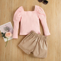 Girls' Bubble Long Sleeve Cotton Sunken Stripe Top Light Coffee Color Leather Pants Suit
