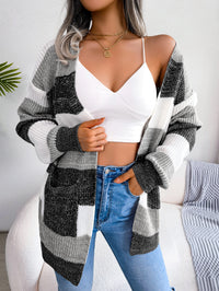 Women Color Block Stripe Lantern Sleeve Casual Cardigan Sweater Coat
