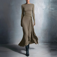 Solid Color Elegant Wrap Long Dress With Bow Detail