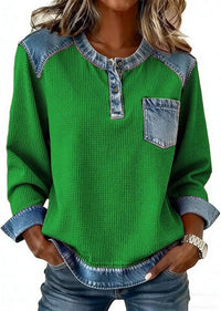 Patchwork Button Pocket Long Sleeved Round Neck Top