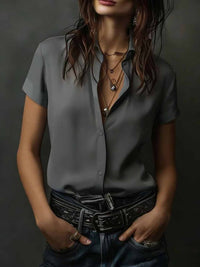 Casual Short-Sleeve Button-Up Womens Shirt