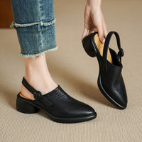 Women's Closed Toe Platform Genuine Leather Sandals, Round Toe, Chunky Heel, Single Buckle Strap, Open Back Roman Style, First-Layer Lambskin Shoes