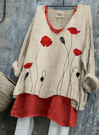 Classy Poppies Pattern Linen Long-sleeve Top