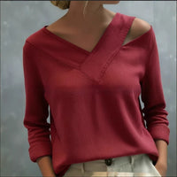 Elegant Off-the-shoulder V-neck Solid-color Long-sleeve Top