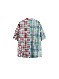 Asymmetric Contrast Color Plaid Lapel Shirt