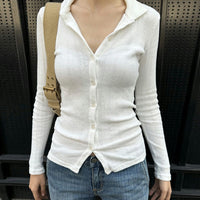 Casual Simple Slim-fit Single-breasted Cardigan Polo Collar Long Sleeve T-shirt