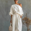 Womens Solid-Color Elegant Off-Shoulder Top And Pants Loose Two-Piece Set