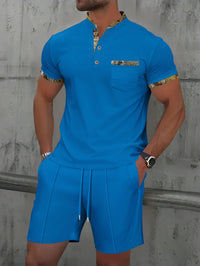 Men's Waffle Zipper Solid Color Polo Collar Short Sleeve Suit
