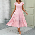 Pink Midi Dress With Ruffled Sleeves And A Tiered Hem
