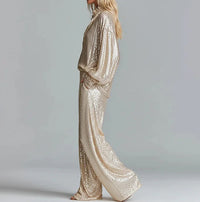 Party-Style Oversized Wide-Leg Champagne Gold Sequin Two-Piece Set