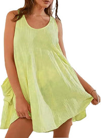 Sleeveless Crewneck Backless Mini Dress Loose-fit Tank Dress With Pockets