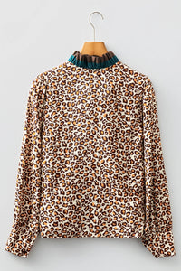 Brown Leopard Print Contrast Frilled Trim Button Down V Neck Shirt