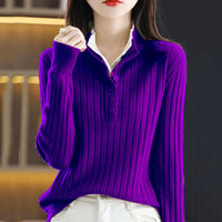 Fake Two-piece Half-open Collar Button-up Sweater Women