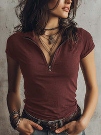 Womens Knitted Fabric Elegant Zip-Neck Short-Sleeve Top