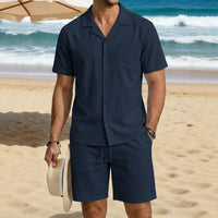 Men's Vacation Cotton-Linen Casual Loose-Fit Long-Sleeve Shirt And Beach Shorts Set