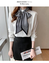 Lady Temperament Satin Striped Shirt With Ribbon