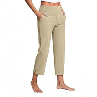 Womens Solid-Colored High-Waist Pockets Casual Pants