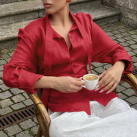 New Lace-up Waist Cotton And Linen Ribbon Shirt Women's Design Sense
